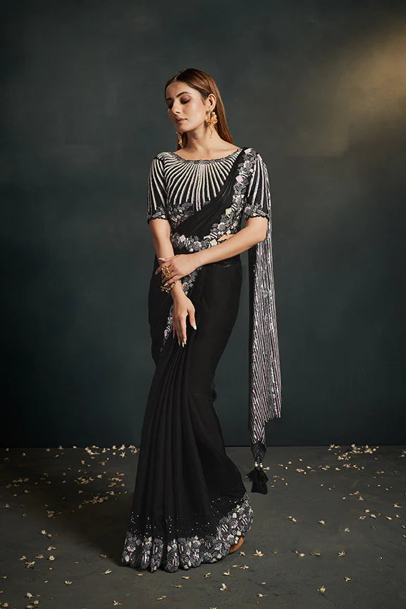 Black Crepe Satin Silk Ready to Wear Saree with Stitched Blouse