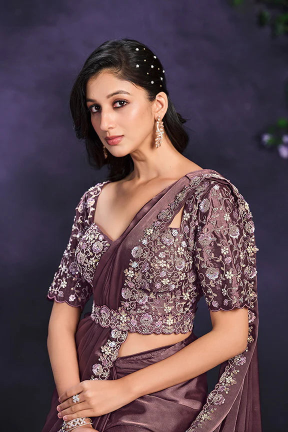 Brown Crape Satin Silk Embroidered Ready to Wear Saree with Stitched Blouse