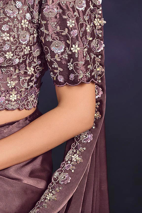 Brown Crape Satin Silk Embroidered Ready to Wear Saree with Stitched Blouse