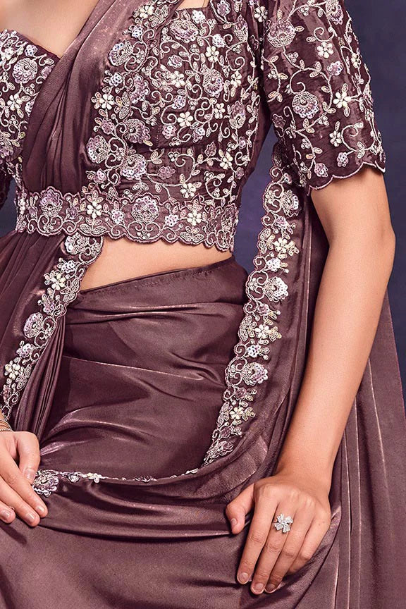 Brown Crape Satin Silk Embroidered Ready to Wear Saree with Stitched Blouse