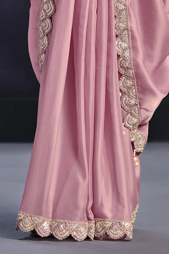 Pink Crepe Satin Silk Embroidered Ready to Wear Saree with Stitched Blouse