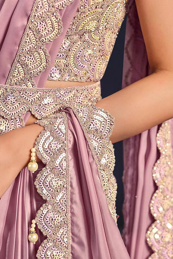 Pink Crepe Satin Silk Embroidered Ready to Wear Saree with Stitched Blouse