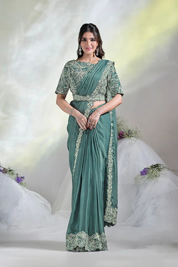 Aqua Blue Hand Work Satin Silk Ready to Wear Saree