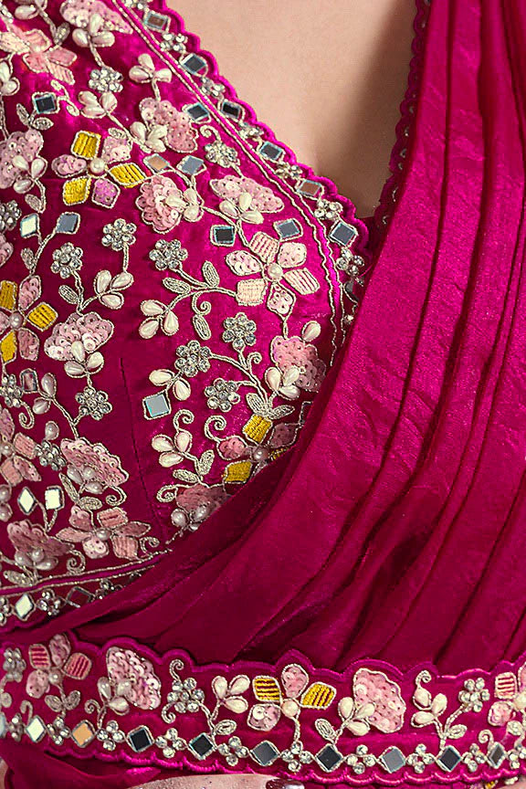 Pink Mirror Work Satin Silk Ready to Wear Saree