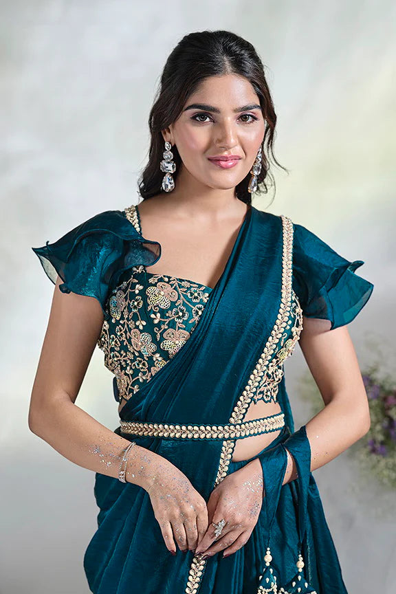 Teal Moti Work Satin Silk Ready to Wear Saree