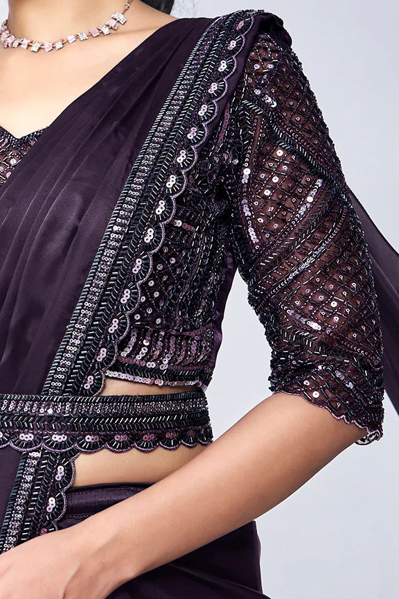 Purple Hand Work Satin Silk Ready to Wear Saree