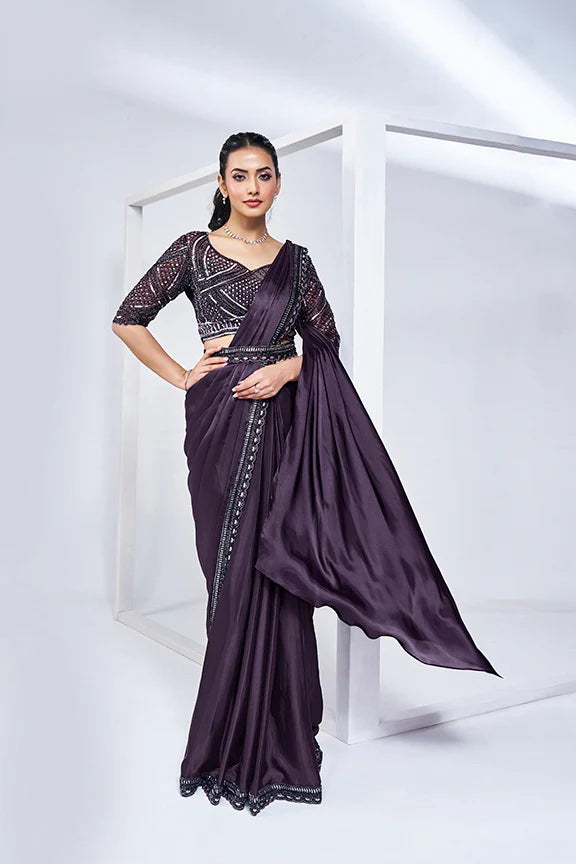 Purple Hand Work Satin Silk Ready to Wear Saree