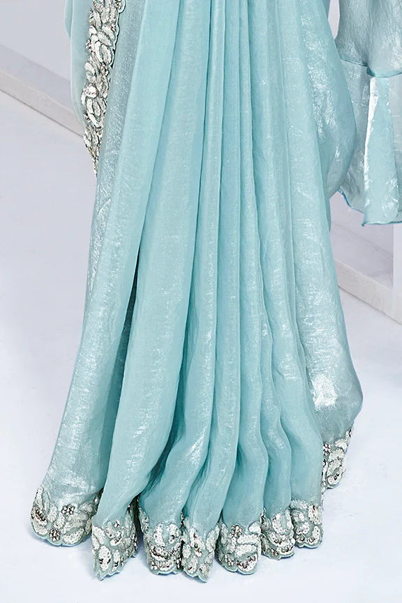 Aqua Blue Hand Work Satin Silk Ready to Wear Saree