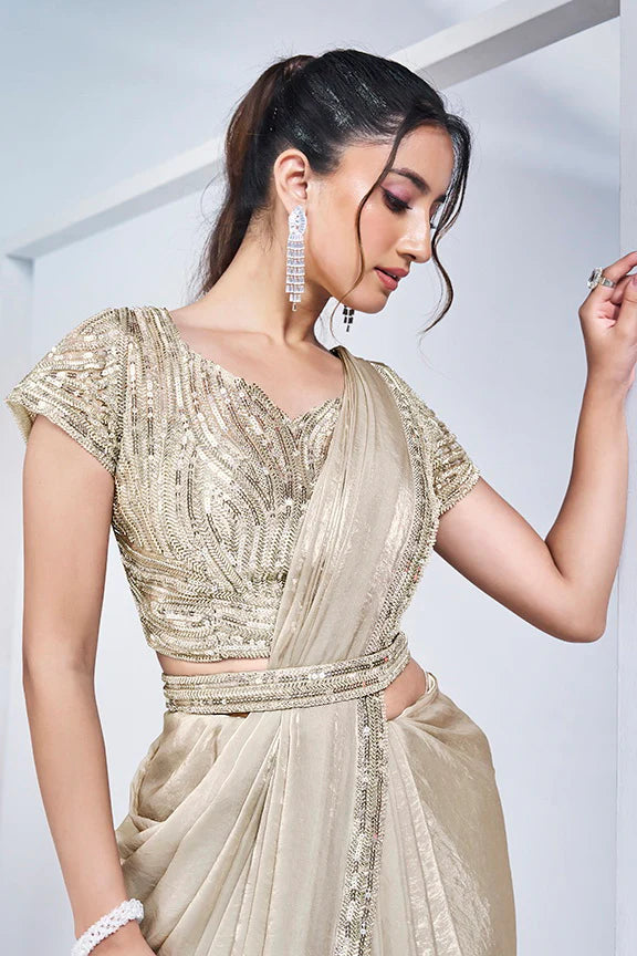 Off White Hand Work Satin Silk Ready to Wear Saree