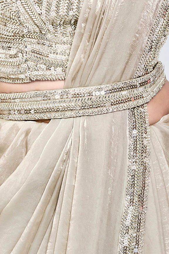 Off White Hand Work Satin Silk Ready to Wear Saree