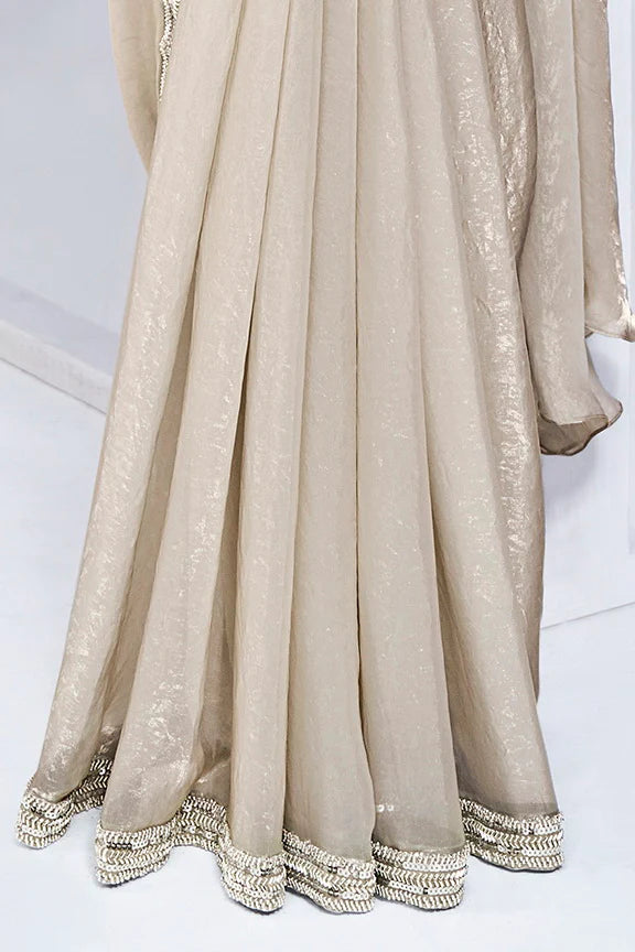 Off White Hand Work Satin Silk Ready to Wear Saree