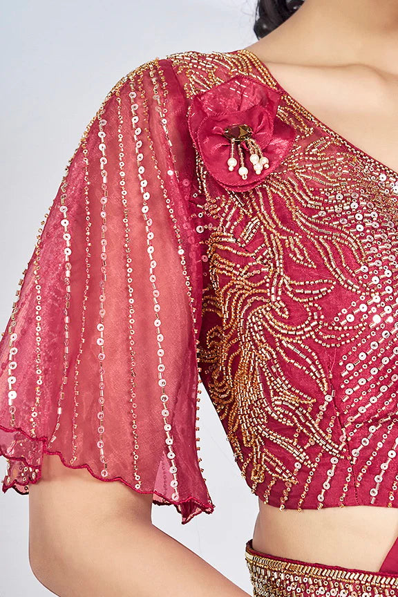 Pink Hand Work Satin Silk Ready to Wear Saree