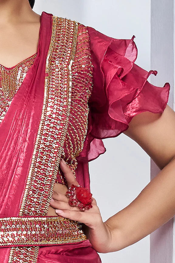Pink Hand Work Satin Silk Ready to Wear Saree