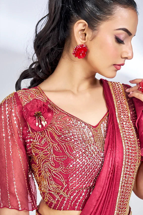 Pink Hand Work Satin Silk Ready to Wear Saree