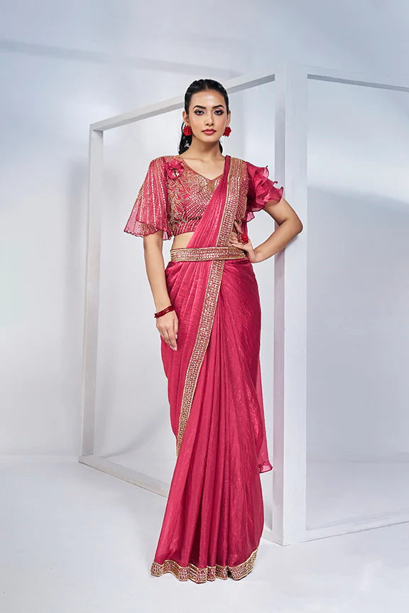 Pink Hand Work Satin Silk Ready to Wear Saree