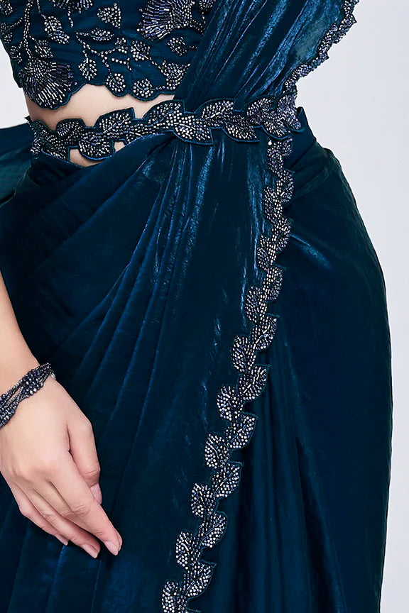 Teal Hand Work Satin Silk Ready to wear Saree