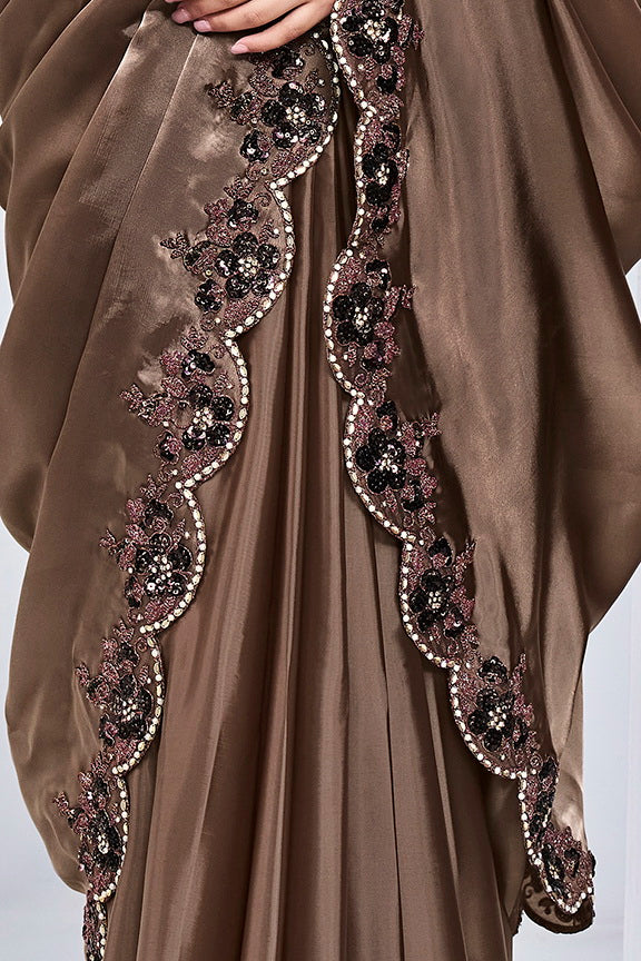 Brown Hand Work Satin Silk Ready to Wear Saree