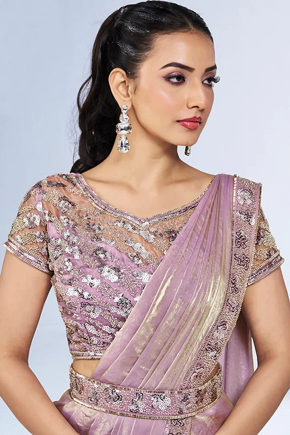 Pink Hand Work Satin Silk Ready to Wear Saree