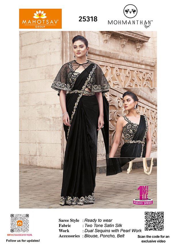 Black Pearl Work Satin Silk Ready to Wear Saree