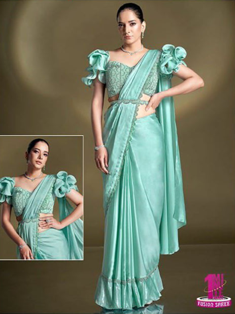 Aqua Green Sequins Aari Work Crepe Satin Silk Ready to Wear Saree