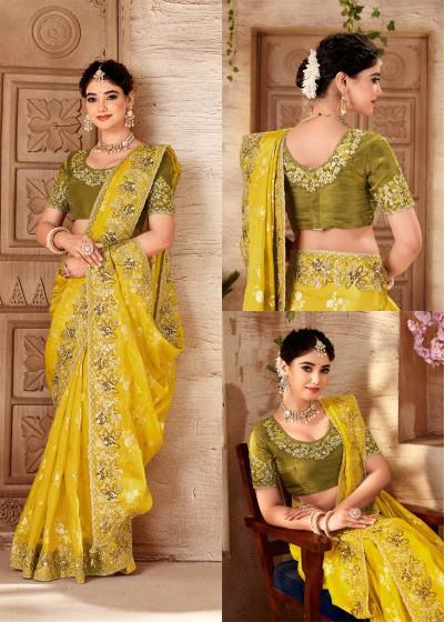 "Elegant Mustard Yellow Embroidered Saree with Olive Green Blouse