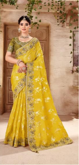 "Elegant Mustard Yellow Embroidered Saree with Olive Green Blouse