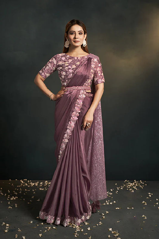 Pink Satin Silk Ready to Wear Designer Saree with Stitched Blouse