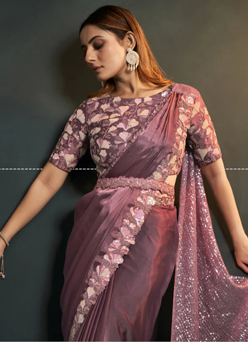 Pink Satin Silk Ready to Wear Designer Saree with Stitched Blouse
