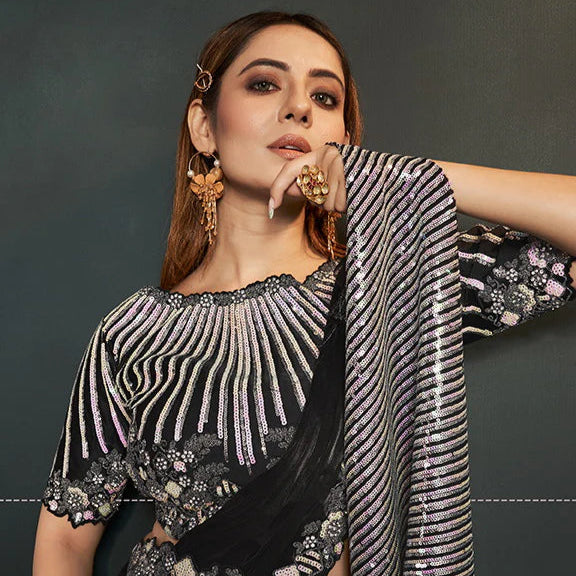 Black Crepe Satin Silk Ready to Wear Saree with Stitched Blouse