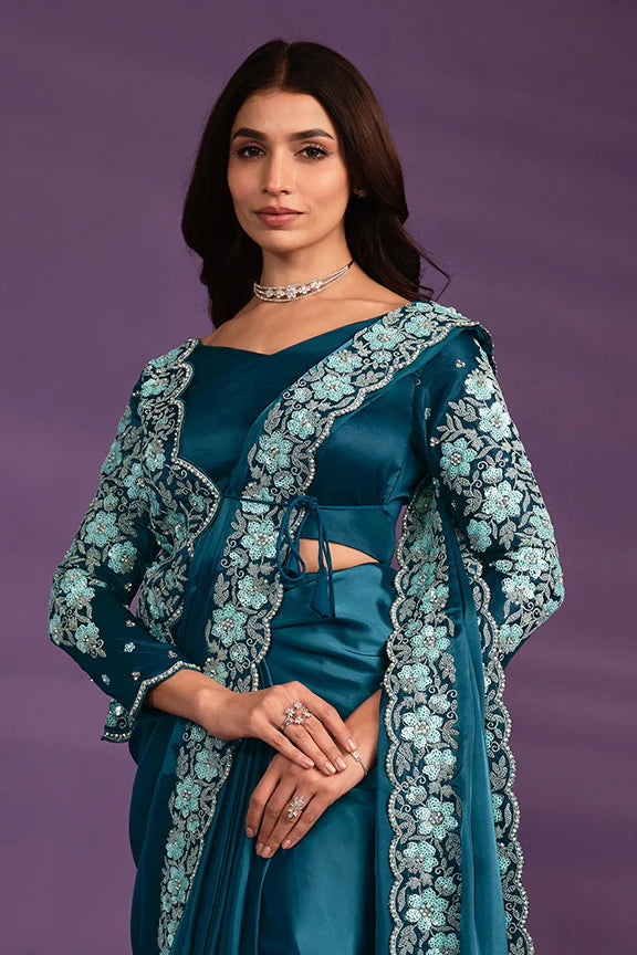 Blue Satin Silk Embroidered Ready to wear Saree with Stitched Blouse