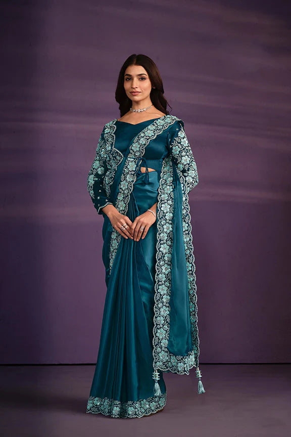 Blue Satin Silk Embroidered Ready to wear Saree with Stitched Blouse