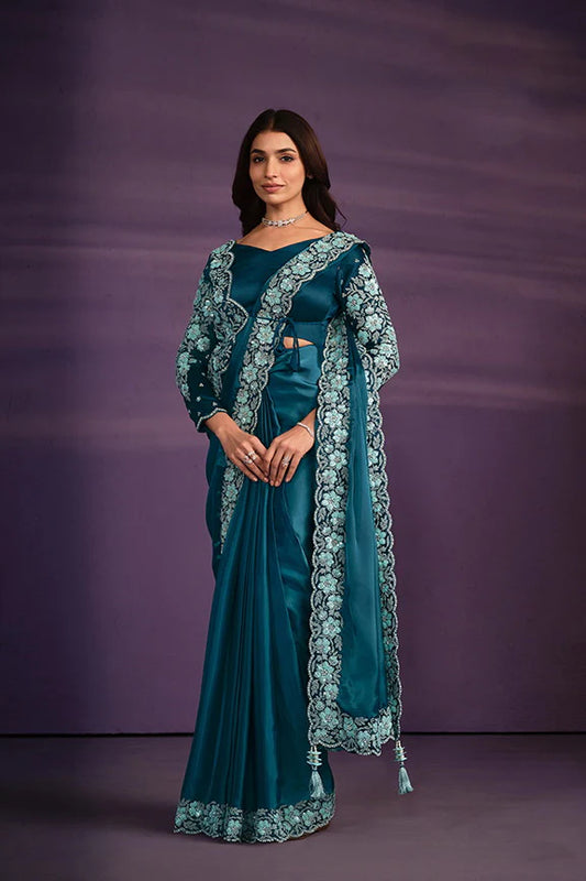 Blue Satin Silk Embroidered Ready to wear Saree with Stitched Blouse