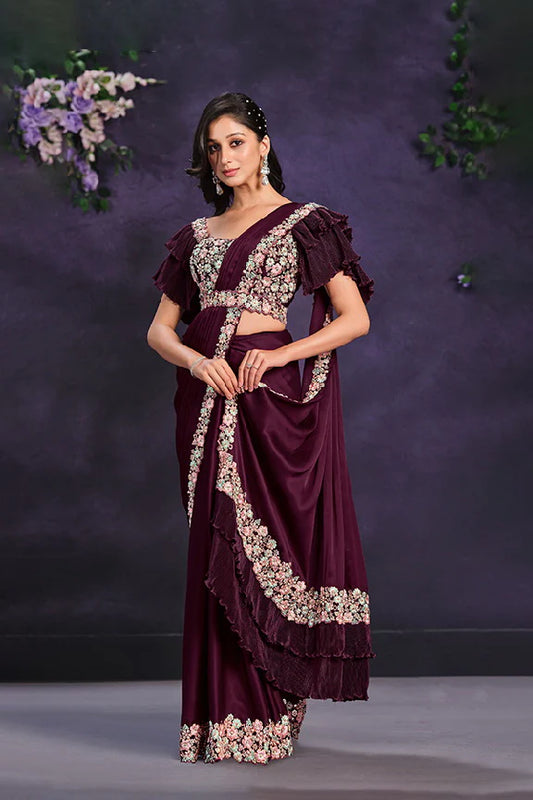 Wine Crepe Satin Silk Embroidered Ready to Wear Saree with Stitched Blouse