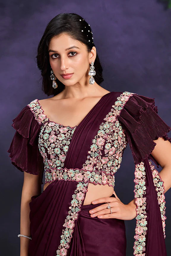 Wine Crepe Satin Silk Embroidered Ready to Wear Saree with Stitched Blouse
