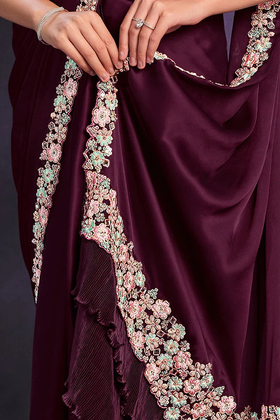 Wine Crepe Satin Silk Embroidered Ready to Wear Saree with Stitched Blouse