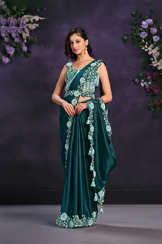 Sea Green Crepe Satin Silk Embroidered Ready to Wear Saree with Stitched Blouse