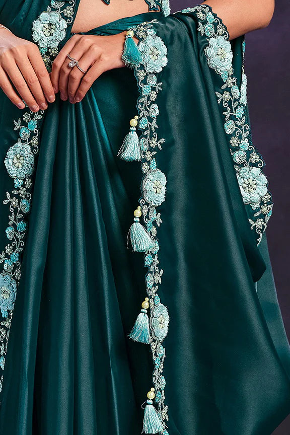 Sea Green Crepe Satin Silk Embroidered Ready to Wear Saree with Stitched Blouse