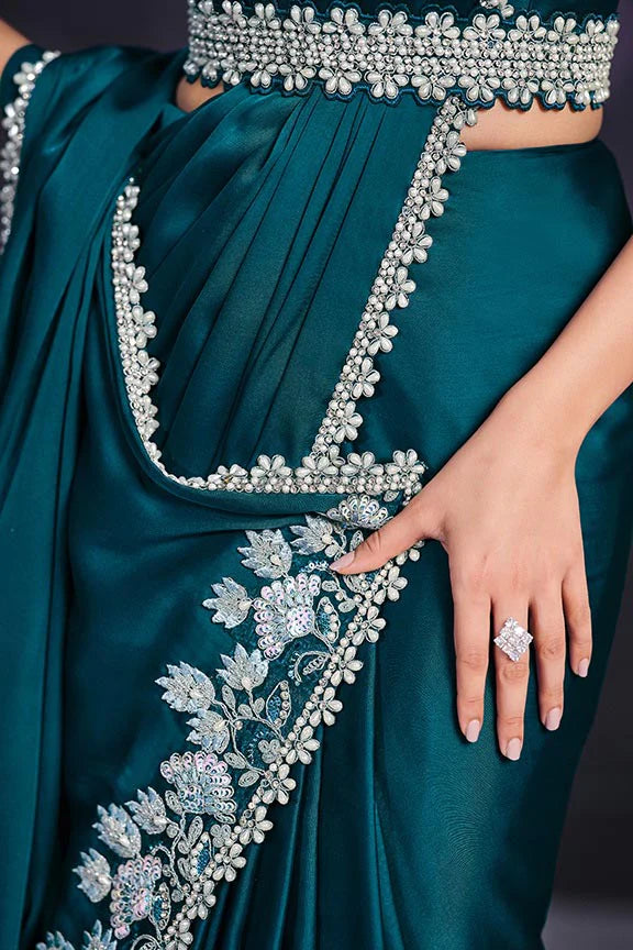 Turquoise Blue Crape Satin Silk Embroidered Ready to Wear Saree with Stitched Blouse