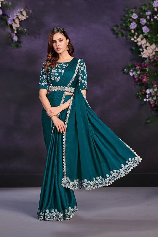 Turquoise Blue Crape Satin Silk Embroidered Ready to Wear Saree with Stitched Blouse