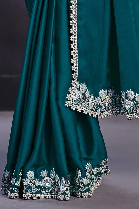 Turquoise Blue Crape Satin Silk Embroidered Ready to Wear Saree with Stitched Blouse