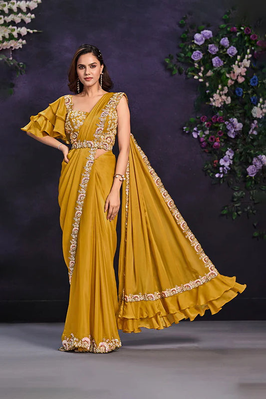 Mustard Crape Satin Silk Embroidered Ready to Wear Saree with Stitched Blouse