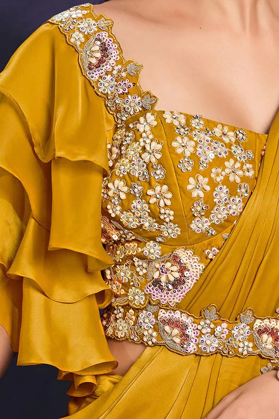 Mustard Crape Satin Silk Embroidered Ready to Wear Saree with Stitched Blouse