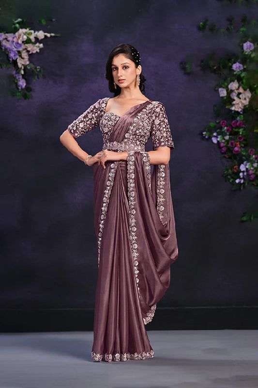 Brown Crape Satin Silk Embroidered Ready to Wear Saree with Stitched Blouse