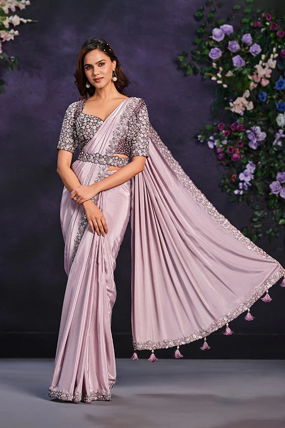 Lavendar Pure Crape Georgette Embroidered Ready to Wear Saree with Stitched Blouse