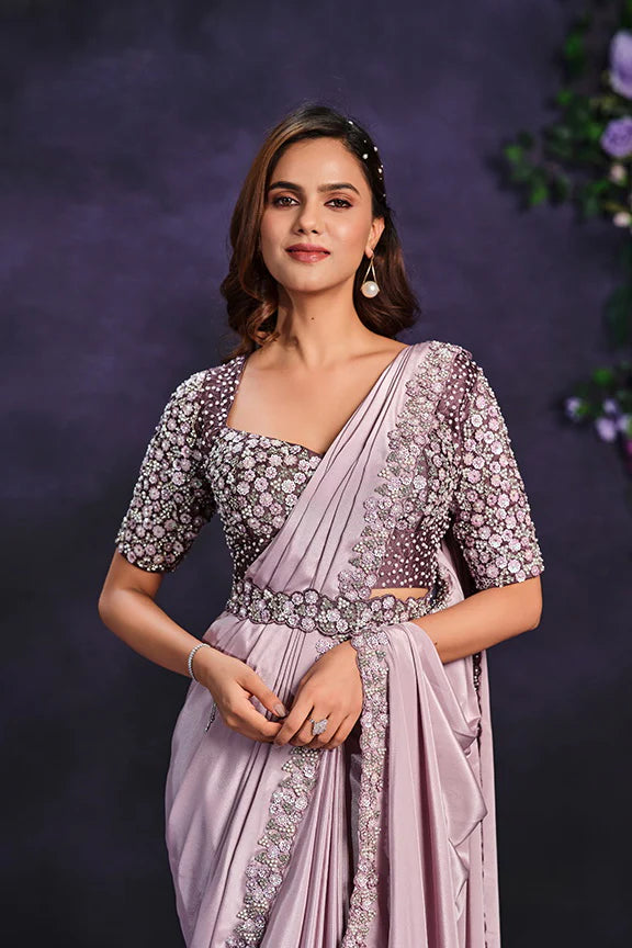 Lavendar Pure Crape Georgette Embroidered Ready to Wear Saree with Stitched Blouse