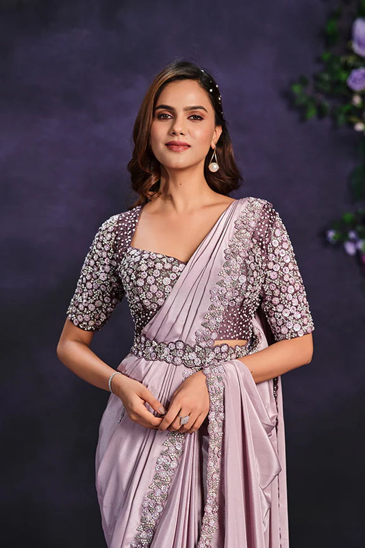Lavendar Pure Crape Georgette Embroidered Ready to Wear Saree with Stitched Blouse