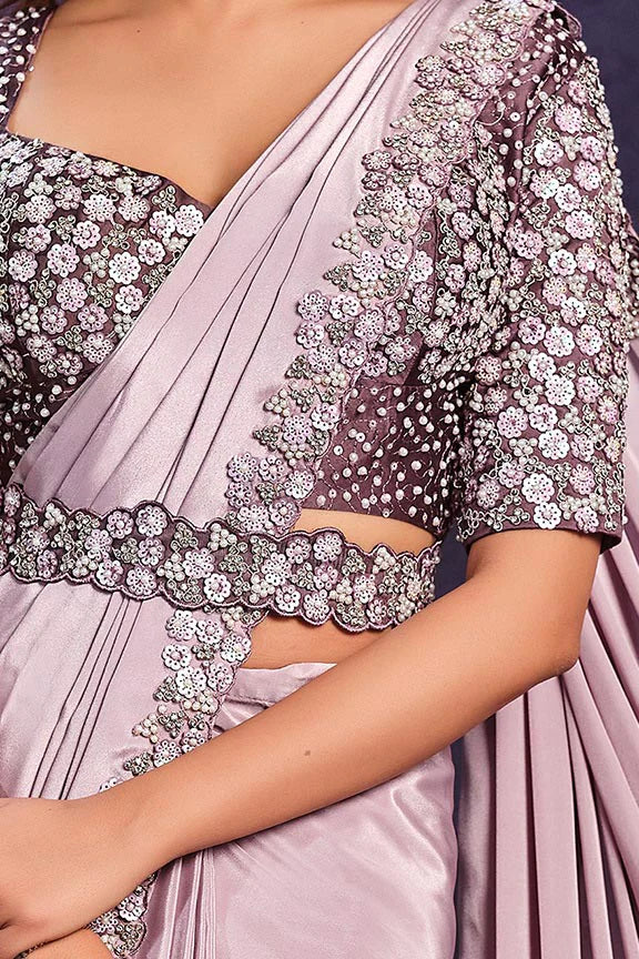 Lavendar Pure Crape Georgette Embroidered Ready to Wear Saree with Stitched Blouse