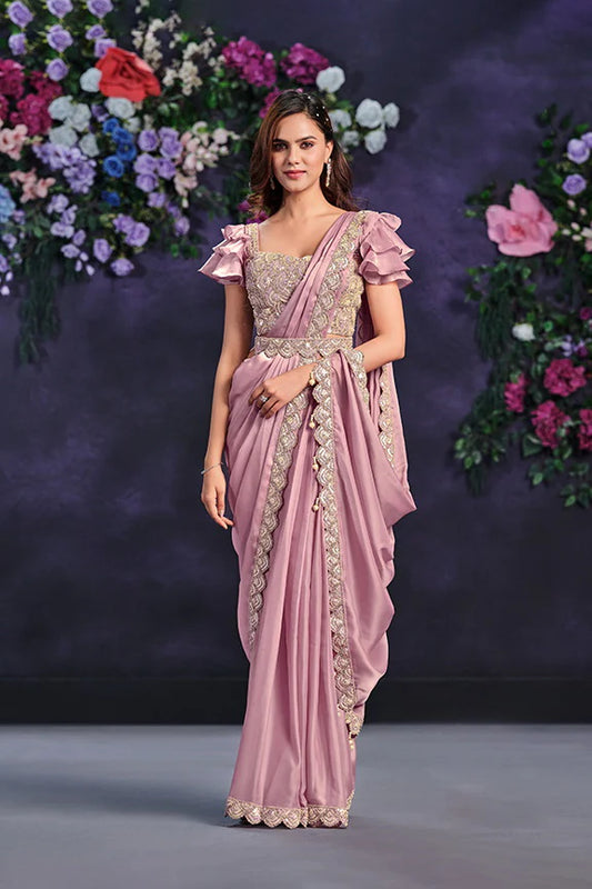 Pink Crepe Satin Silk Embroidered Ready to Wear Saree with Stitched Blouse