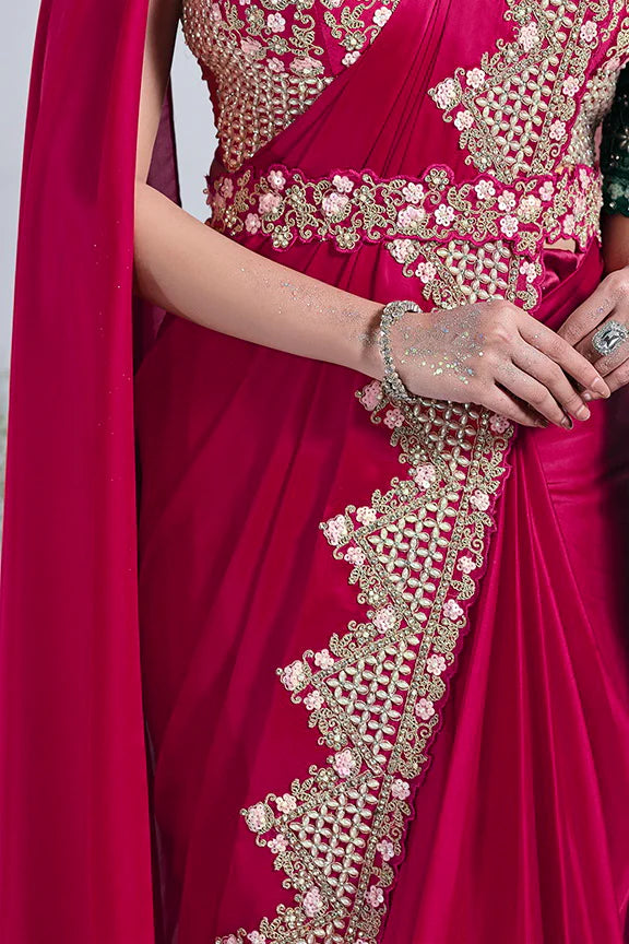 Red Moti Work Satin Silk Ready to Wear Saree