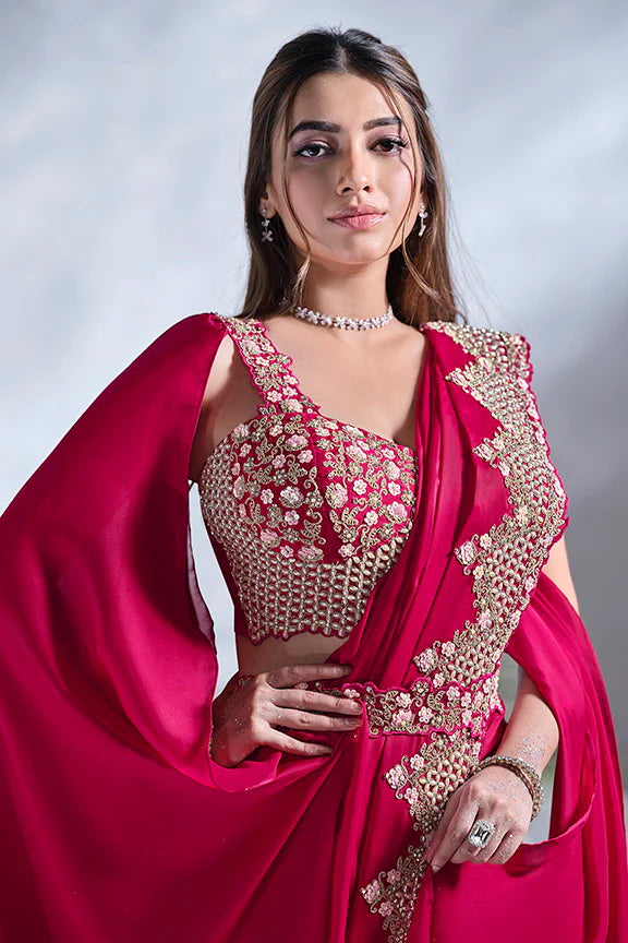 Red Moti Work Satin Silk Ready to Wear Saree
